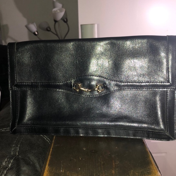 LARGE Rare Vintage Gimbels Black Leather Horsebit Clutch - Picture 1 of 14
